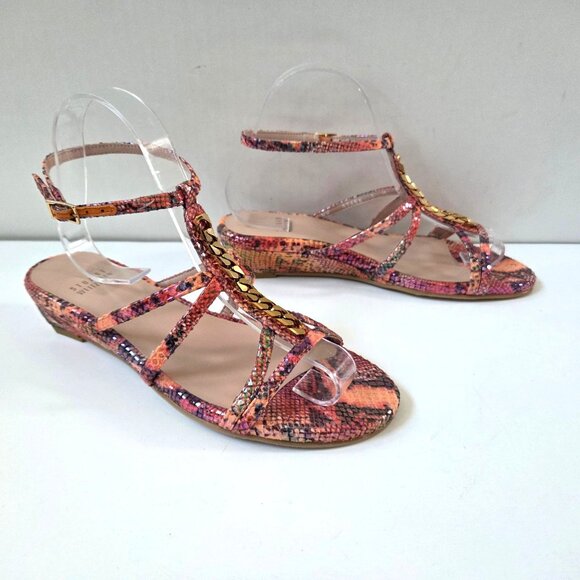 Stuart Weitzman Sandals 7 Pink Melon Tiffy Chain Trim Strappy Leather Wedge NEW - Picture 9 of 12